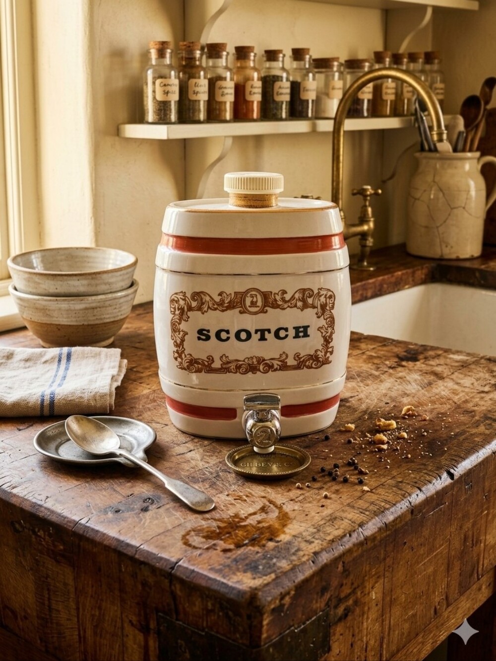 Mid-century Wade Ceramic Scotch Decanter Barrel Spigot Dispenser W&A Gilbey (B)